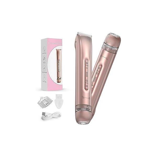 Bikini Trimmer for Women - 2 in 1 Electric Body Hair Silk Skin,Cordless Shaver Trip,IPX7 Waterproof&Easy Cleaning, Replaceable Ceramic Blade Heads, USB Recharge Dock,Rose Gold