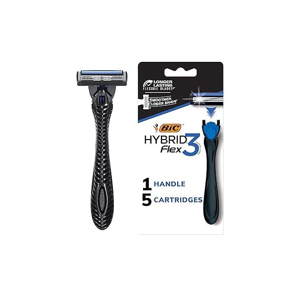 BIC Flex 3 Hybrid Disposable Razors for Men, Long-lasting 3-Blade With Slim Head Precision Shaving, 1 Handle and 5 Cartridges, 6 Piece Shaving Kit