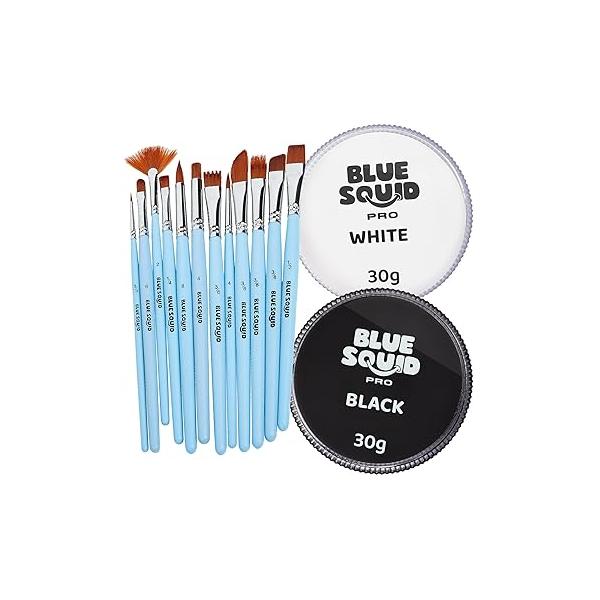 Blue Squid PRO Face Paint - Classic Black and White (30gm), 12 Brushes, Professional Water Based Single Cake & Body Makeup Supplies for Adults Kids Halloween Facepaint