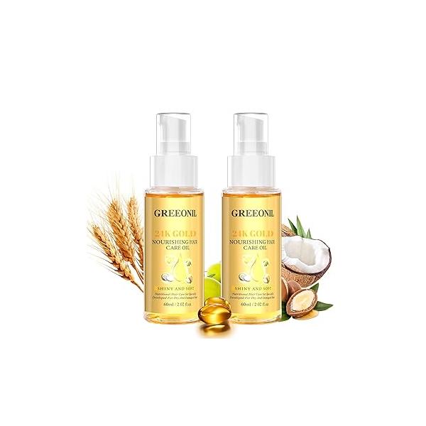 24K Gold Argan, Coconut, and Olive Oil Serum for Frizz Control, Shine, Split End Repair - Nourishing Hair Treatment with Vitamin E, 2.02 fl oz, 60ml