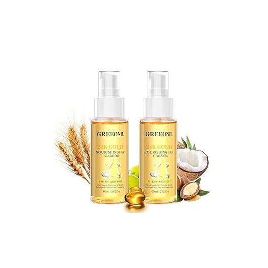 24K Gold Argan, Coconut, and Olive Oil Serum for Frizz Control, Shine, Split End Repair - Nourishing Hair Treatment with Vitamin E, 2.02 fl oz, 60ml