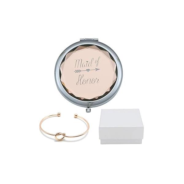 Bride Tribe Champagne Compact Pocket Makeup Mirror with Rose Gold Knot Bracelet and Gift Box for Bachelorette Party Wedding Proposal