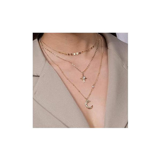 Boho Simple Gold Moon and Star Sequins Layered Necklace Dainty Pearls Chain Pendant Long Necklaces Jewelry for Women