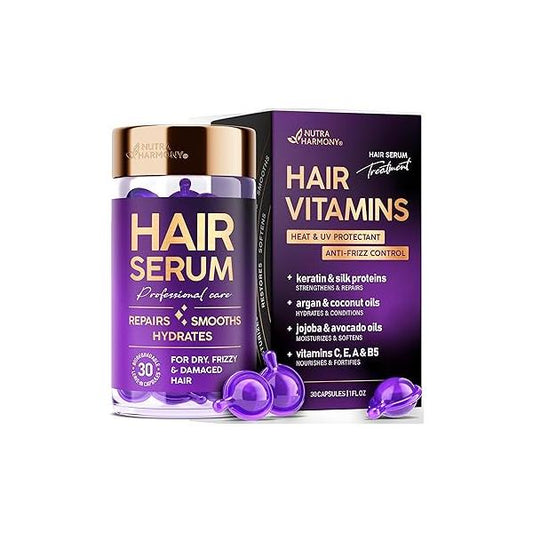 Hair Serum for Frizzy & Damaged - Keratin Treatment with Argan, Silk Protein, Jojoba, Coconut Avocado Oils Vitamins A, E, B5 Anti-Frizz Moisturizing Oil Capsules No Rinse, 30 Count