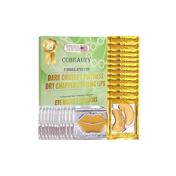 CCbeauty 24 Packs Lip Masks & Eye Mask Bulk,24K Gold Under Patches for Puffy Eyes,Dark Circles,Collagen gel Pads Bags,Wrinkles | Nourish Hydrate Dry Chapped Lips Skincare,Golden