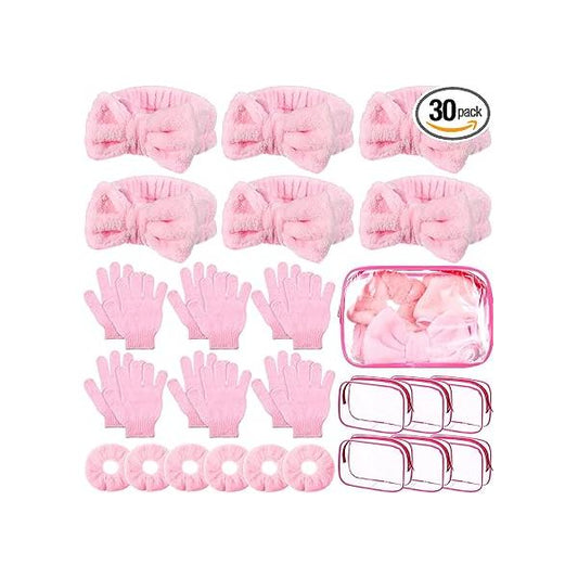 30 Pieces Spa Party Supplies 6 Pink Headband 12 Exfoliating Bath Gloves Velvet Scrunchies Cosmetic Bags Gift Set for Beauty Massage Shower Body Scrubber Slumber Sleepover