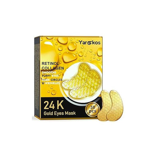 30 Pcs 24K Gold Under Eye Patches Kit, Collagen Golden Mask for Puffy Eyes, Dark Circles, Women Travel Undereye Gel Pads Puffiness Wrinkle, Men Cooling Hydrating Skin Care