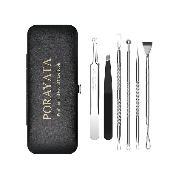 Blackhead Remover Tool Kit, 6 Pcs Pimple Popper Comedone Extractor Set with Acne Needles, Tweezers, Pore Scraper for Blemish, Zit, Whitehead Removal on Nose and Face, Storage Case