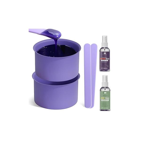 BLITZWAX 2pcs Silicone Wax Pot Liners for Hair Removal, Purple Warmer Bowls Kit with Sticks Women and Men Body Waxing, Reusable Easy to Clean Accessories, Compatible 16 oz Waxing