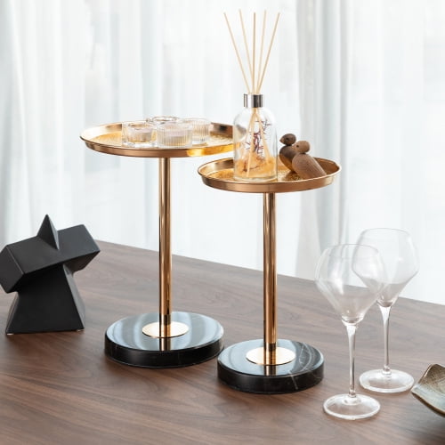 2 Pcs Adjustable Side Table, Small Tea Martini Table, Gold, Natural Marble Decorative Pedestal End Table for Display and Storage