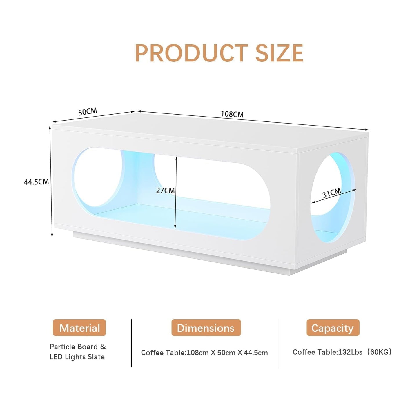 Hironpal 43" White Led Coffee Table for Living Room, Modern Living Room Table Rectangular Contemporary Center Table with Storage, Wooden Coffee Tables with LED Lights for Dining Reception Room