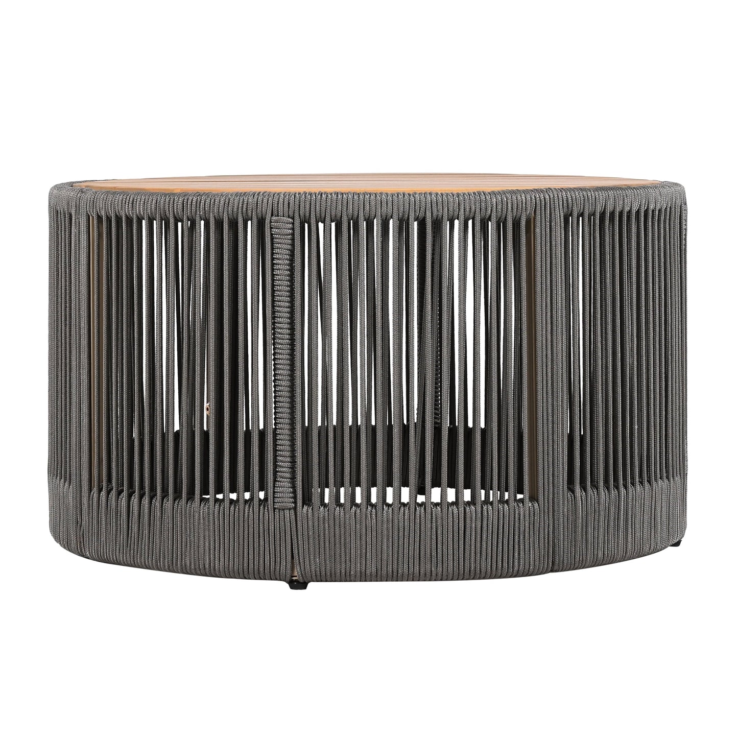 26" Round Acacia Wood Coffee Table with Grey Rope Accents, Rustic Outdoor Patio Table for Garden & Balcony