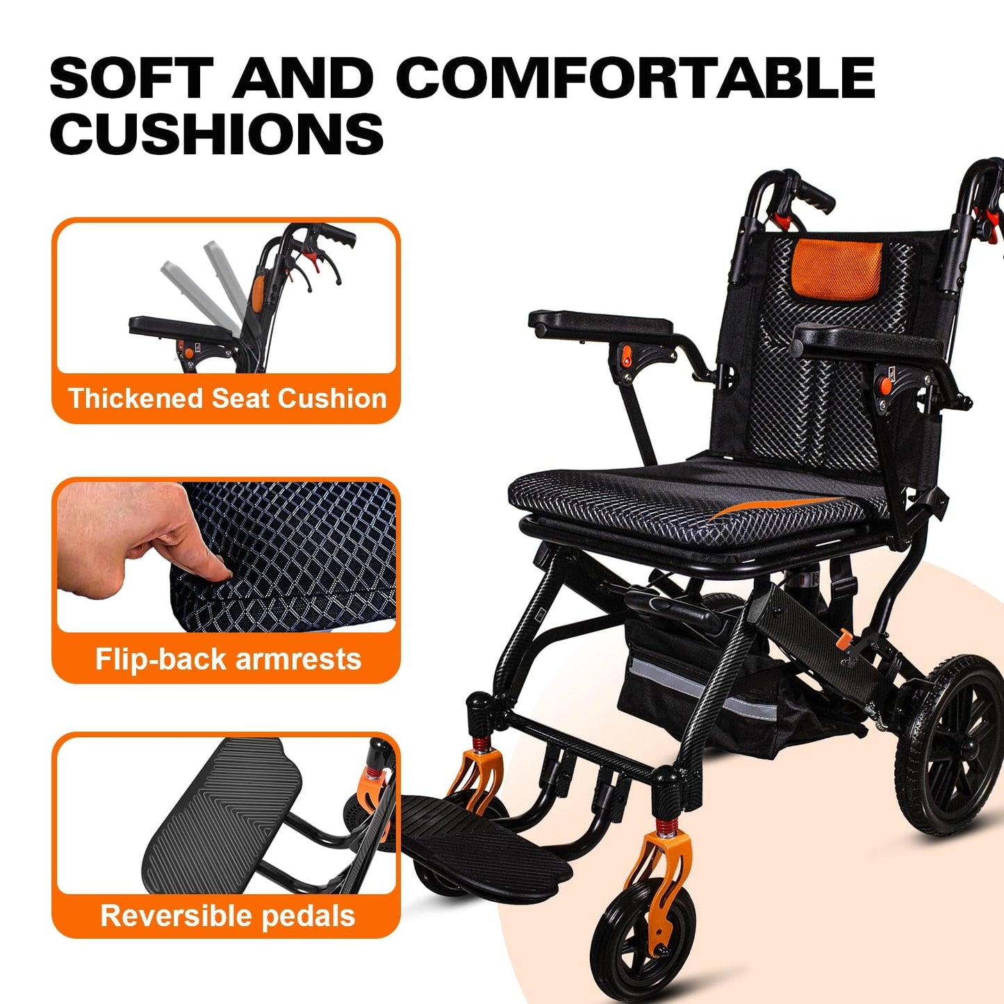 20LBS Ultra-Lightweight Foldable Wheelchair for Adults & Seniors, Carbon Fiber Frame, 10” Honeycomb Tires, 220LBS Capacity, 1-Second Fold for Travel