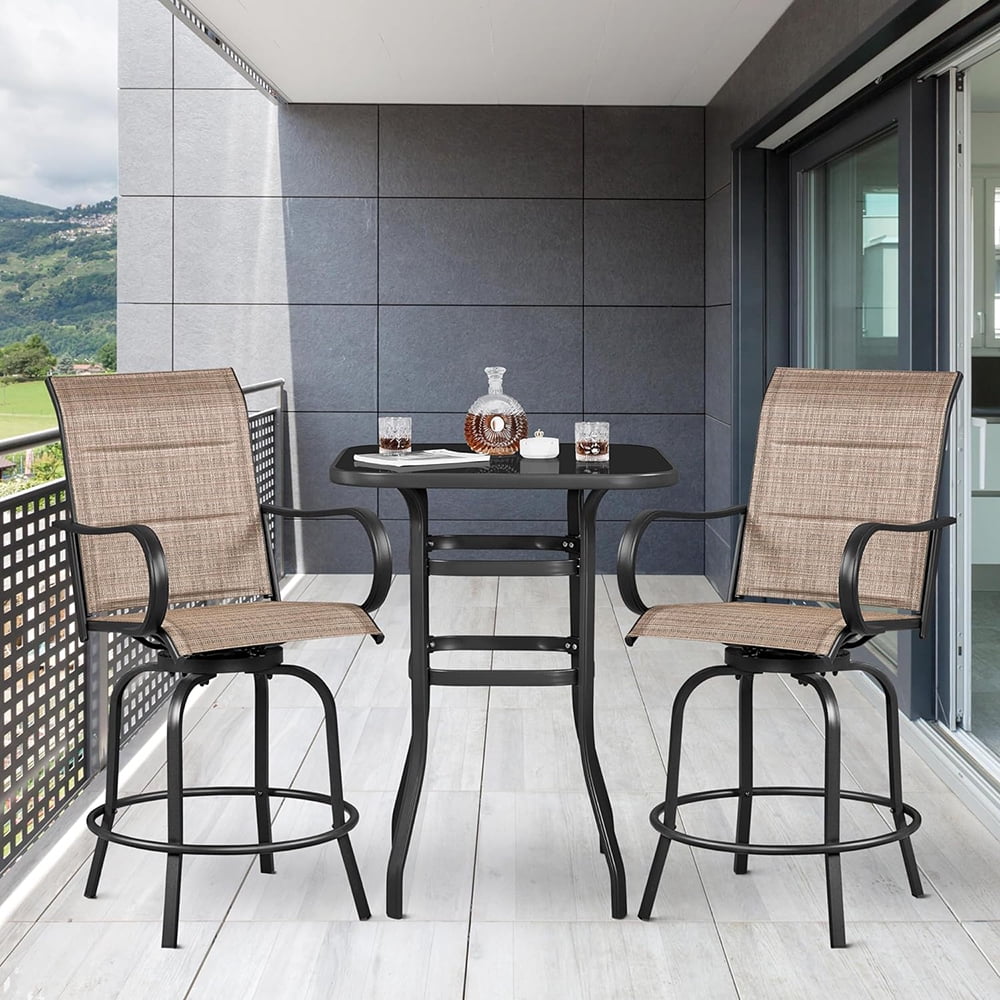 2 Piece Patio Swivel Bar Stools Bistro Chairs with High Armrest/Back/Footrest, All Weather Padded Seating Outdoor Furniture Chairs for Yard, Lawn & Garden, Black/Brown